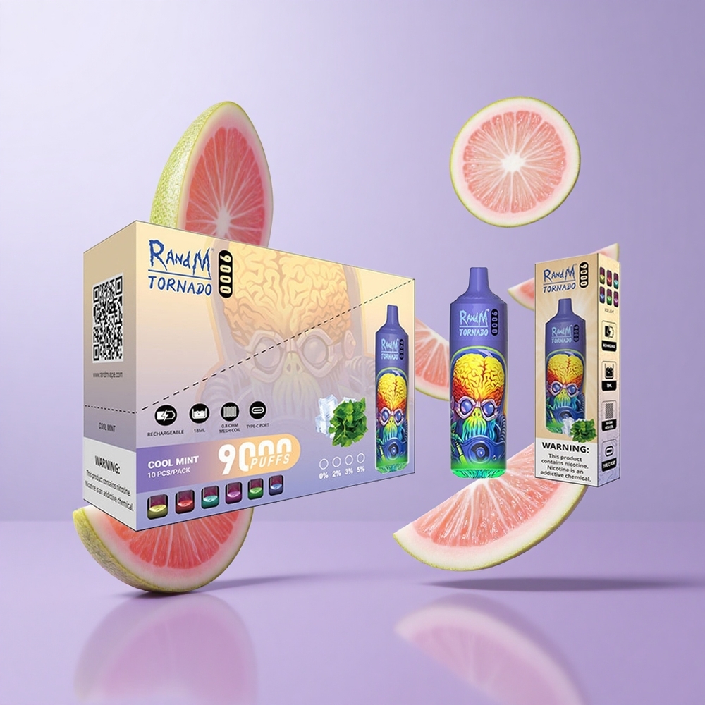 RandM Fumot Tornado 9000 Puffs 18 mL Deutschland großhandel Kühle Minze 54 Sorten Mesh Coil 850 mAh wiederaufladbar Sleek RGB Display