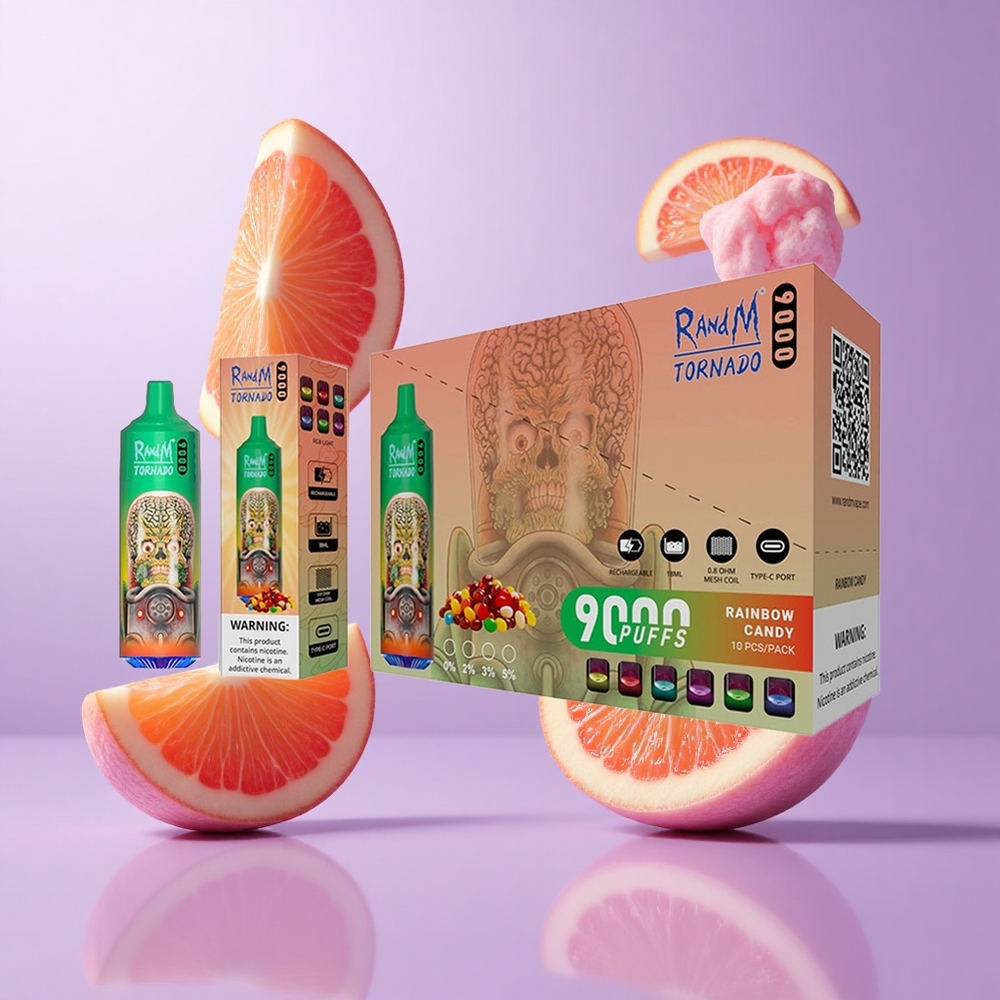 RandM Fumot Tornado 9000 Puffs Regenbogen Bonbon Deutschland großhandel 18 mL E-Liquid Kapazität
