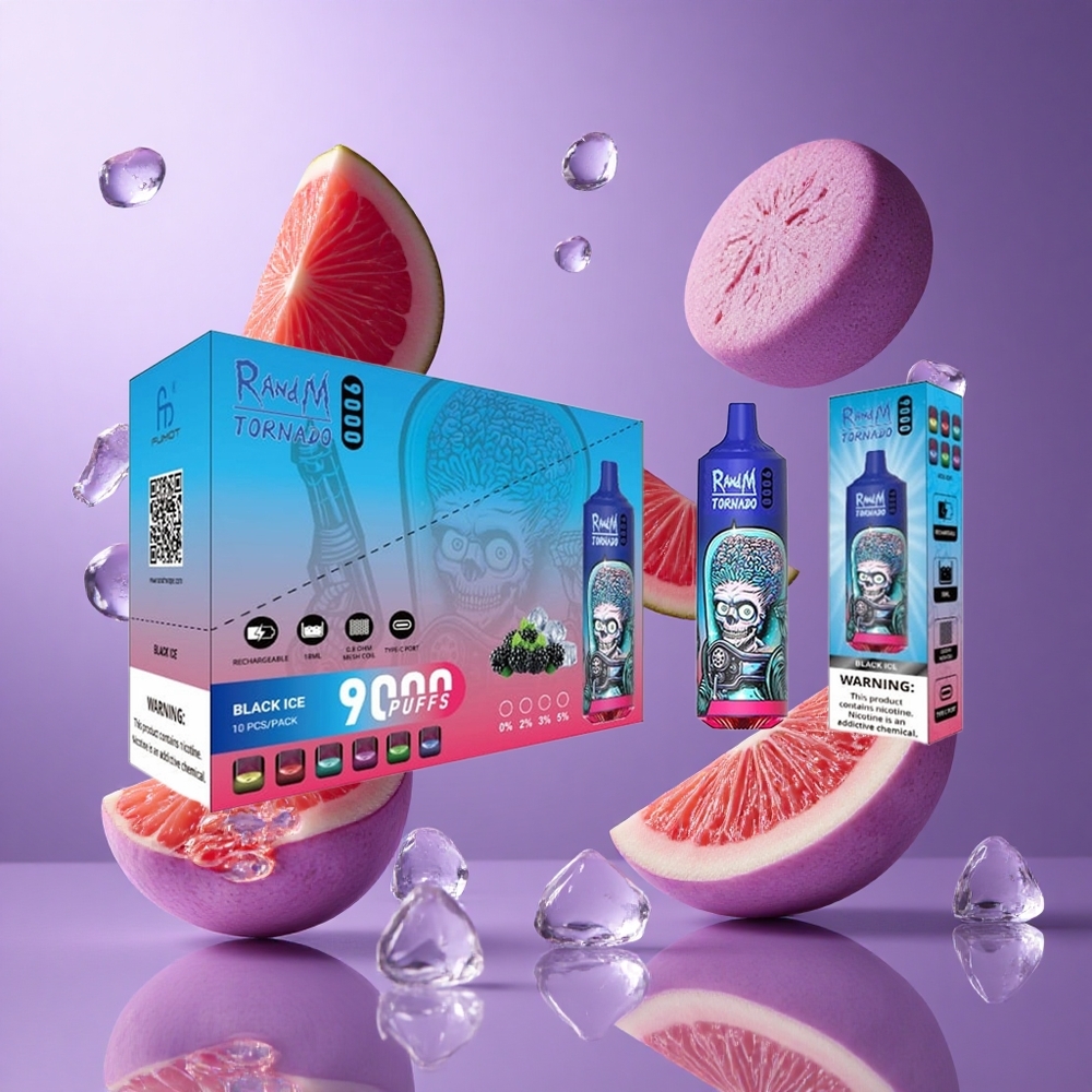 RandM Fumot Tornado 9000 Puffs Schwarz Eis Deutschland großhandel 54 Geschmacksrichtungen 9000 Puffs 18 mL E-Liquid Kapazität